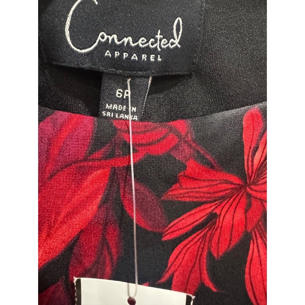Connected Apparel Womens Red & Black Floral Dress 6P Sheer Sleeves Knee Length E - Picture 2 of 5